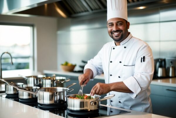 A chef happily cooks a gourmet meal using shiny stainless steel cookware in a modern kitchen A chef happily cooks a gourmet meal using shiny stainless steel cookware in a modern kitchen